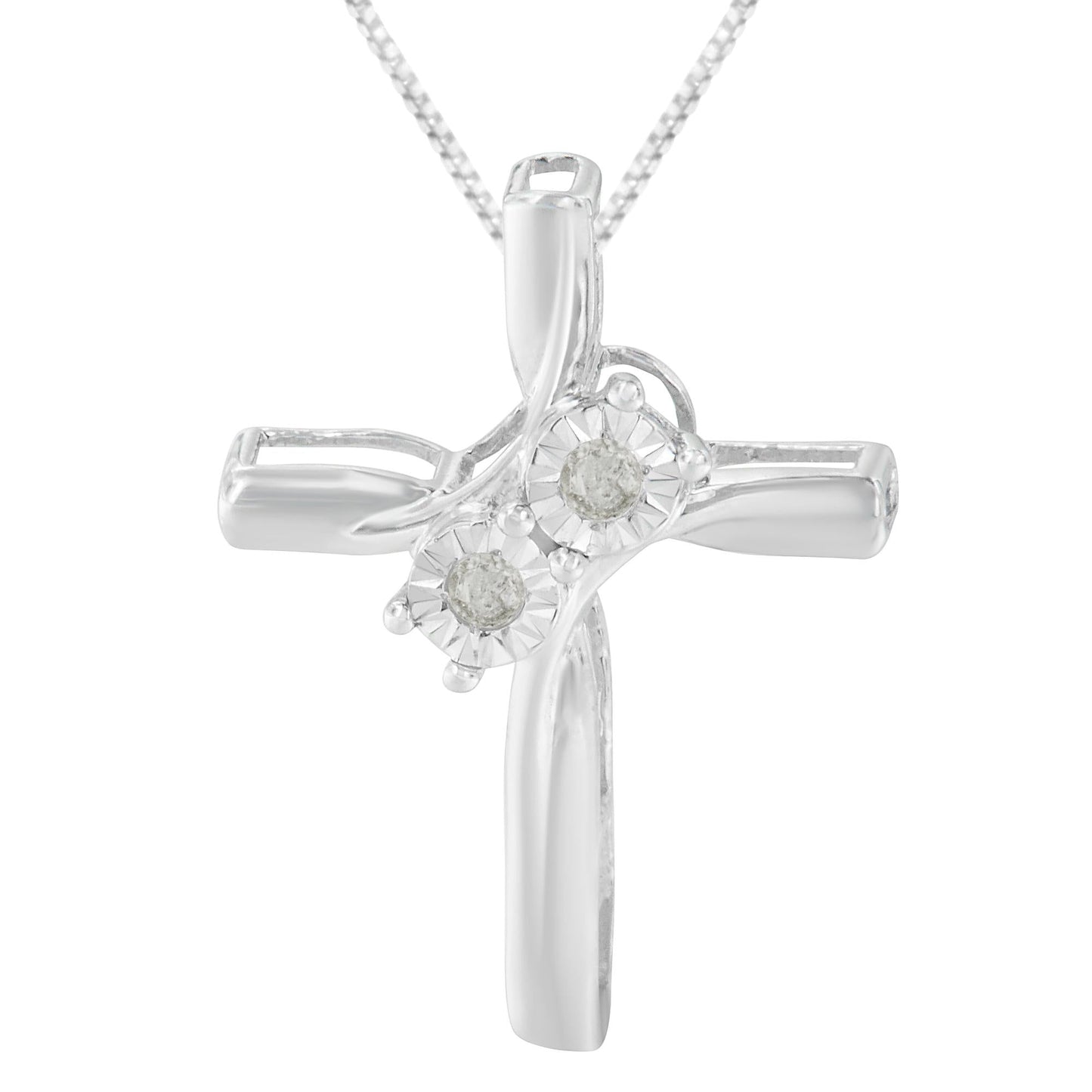 .925 Sterling Silver 1/10 Cttw Diamond Miracle-Set 2 Stone 'Together Forever' Curved Cross 18in Pendant Necklace (I-J Color, I2-I3 Clarity)