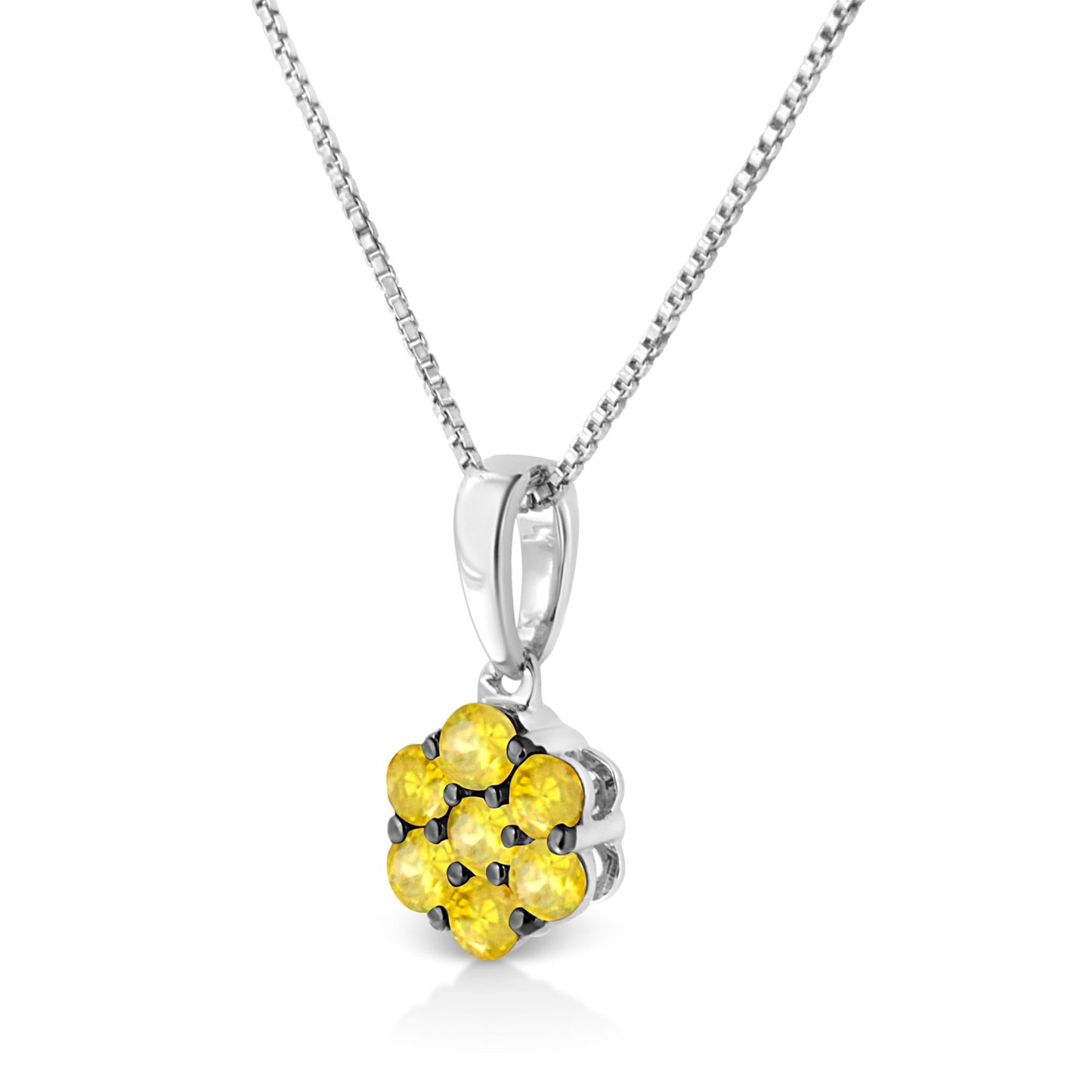 .925 Sterling Silver Prong Set Color Treated Diamond Floral Cluster 18in Pendant Necklace
