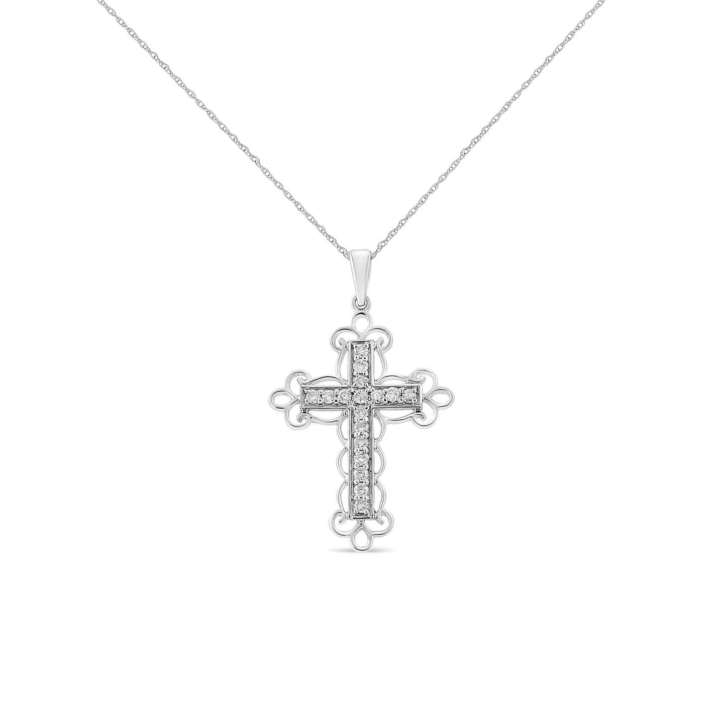 .925 Sterling Silver 1/4 Cttw Round Cut Diamond Art Deco Style Cross 18in Pendant Necklace (J-K Color, I2-I3 Clarity)