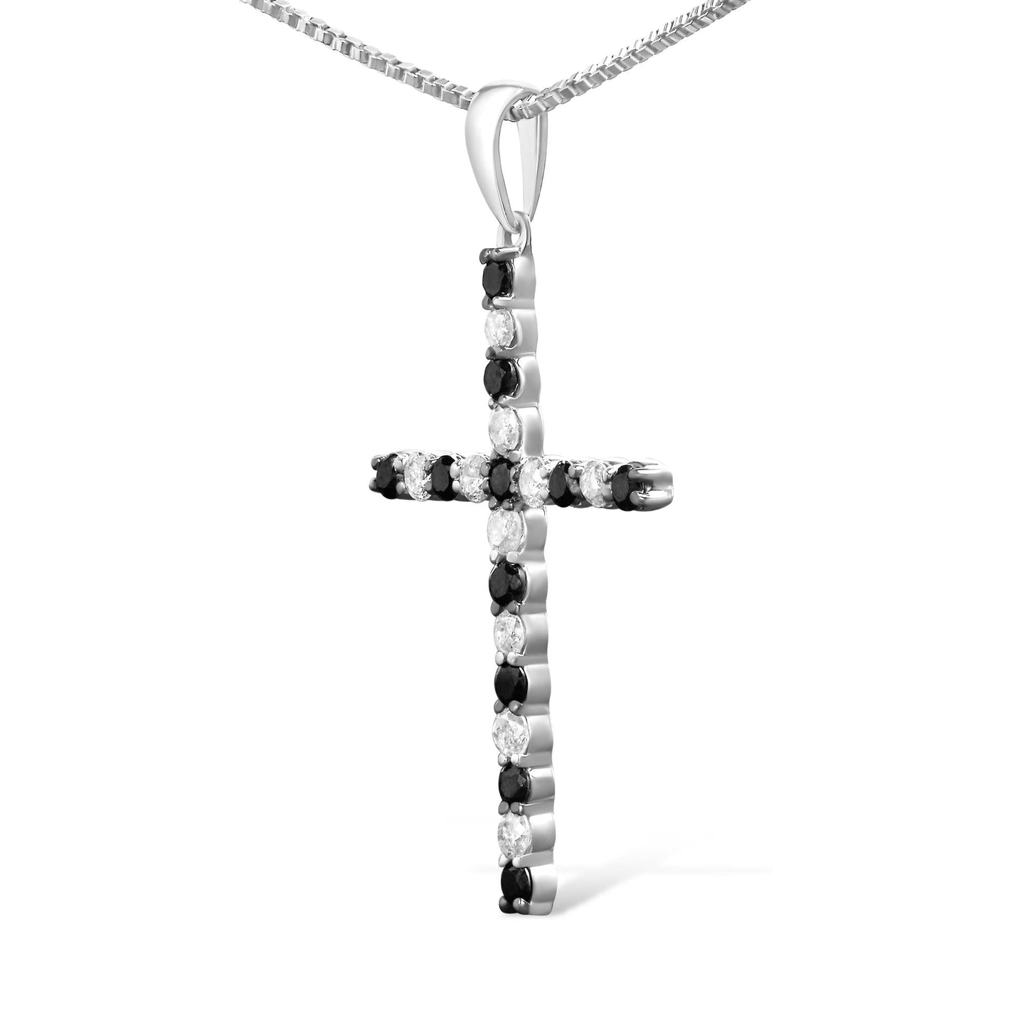 .925 Sterling Silver 1/2 Cttw Alternating Black and White Diamond Cross Pendant Necklace (H-I Color, I2-I3 Clarity) - 18in