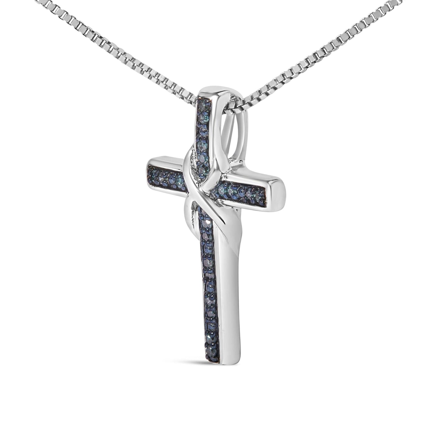 .925 Sterling Silver 1/10 Cttw Blue Diamond Inlaid Cross with Ribbon Pendant Necklace (Blue Color, I2-I3 Clarity) - 18in