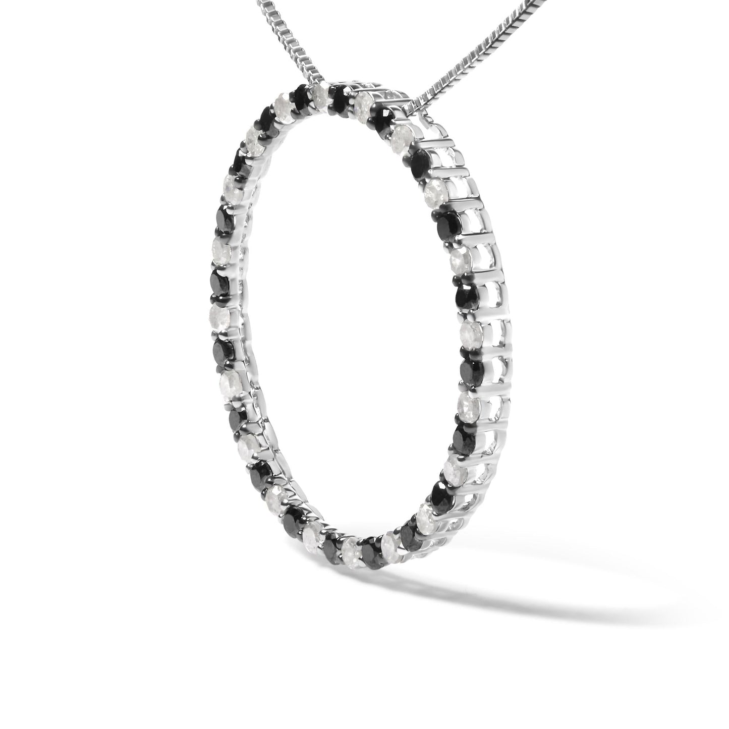 .925 Sterling Silver 1.0 Cttw Alternating Black and White Diamond Open Hoop Circle Pendant Necklace - 18 Inches