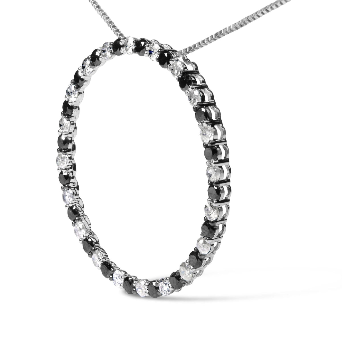 .925 Sterling Silver 2.0 Cttw Alternating Black and White Diamond Open Hoop Circle Pendant Necklace (H-I Color, I2-I3 Clarity) - 18 Inches