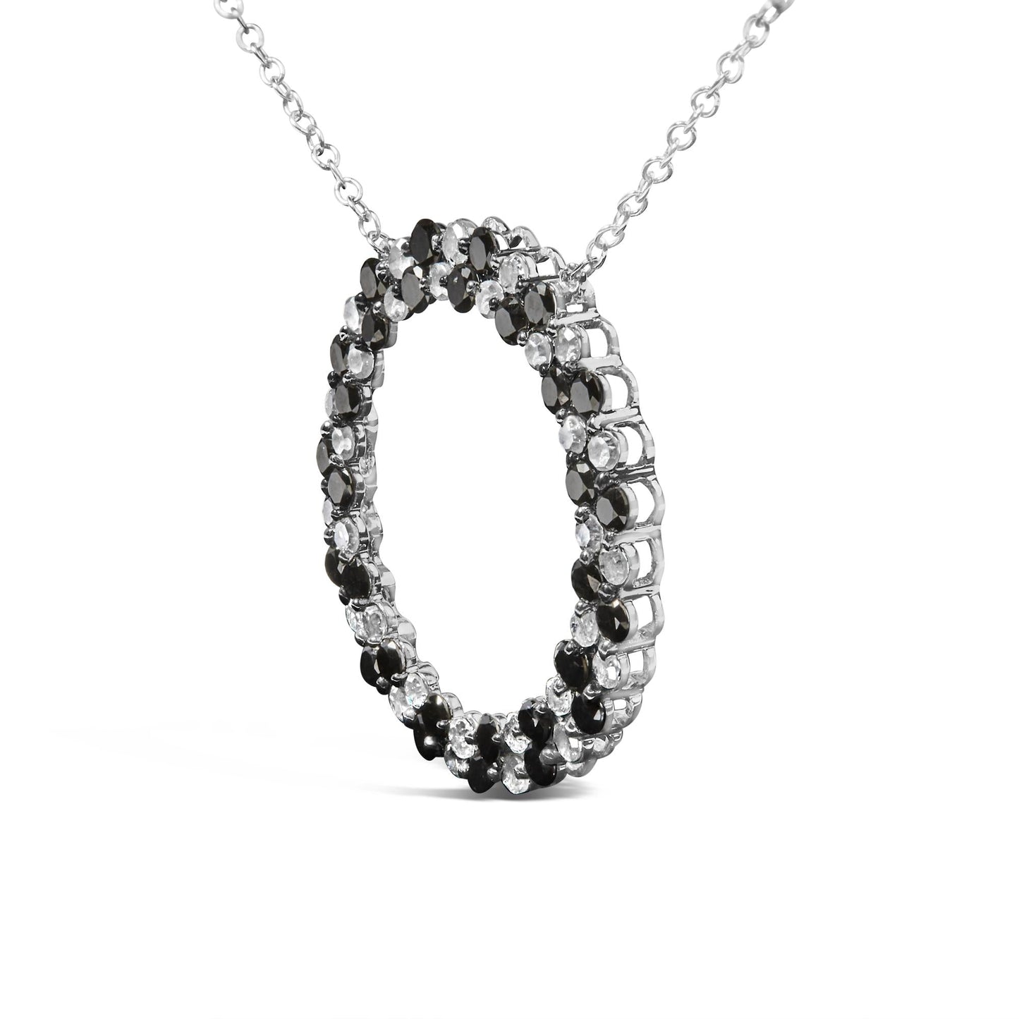 .925 Sterling Silver 1 3/5 Cttw Alternating Treated Black and White Diamond Double Row Open Circle Pendant Necklace (H-I Color, I3 Clarity) - 18in