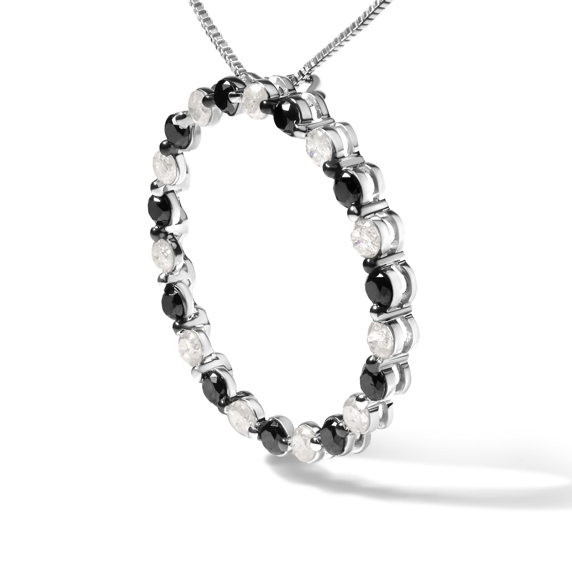 .925 Sterling Silver 1 3/4 Cttw Alternating Black and White Diamond Open Circle Hoop Pendant Necklace (H-I Color, I2-I3 Clarity) - 18 Inches