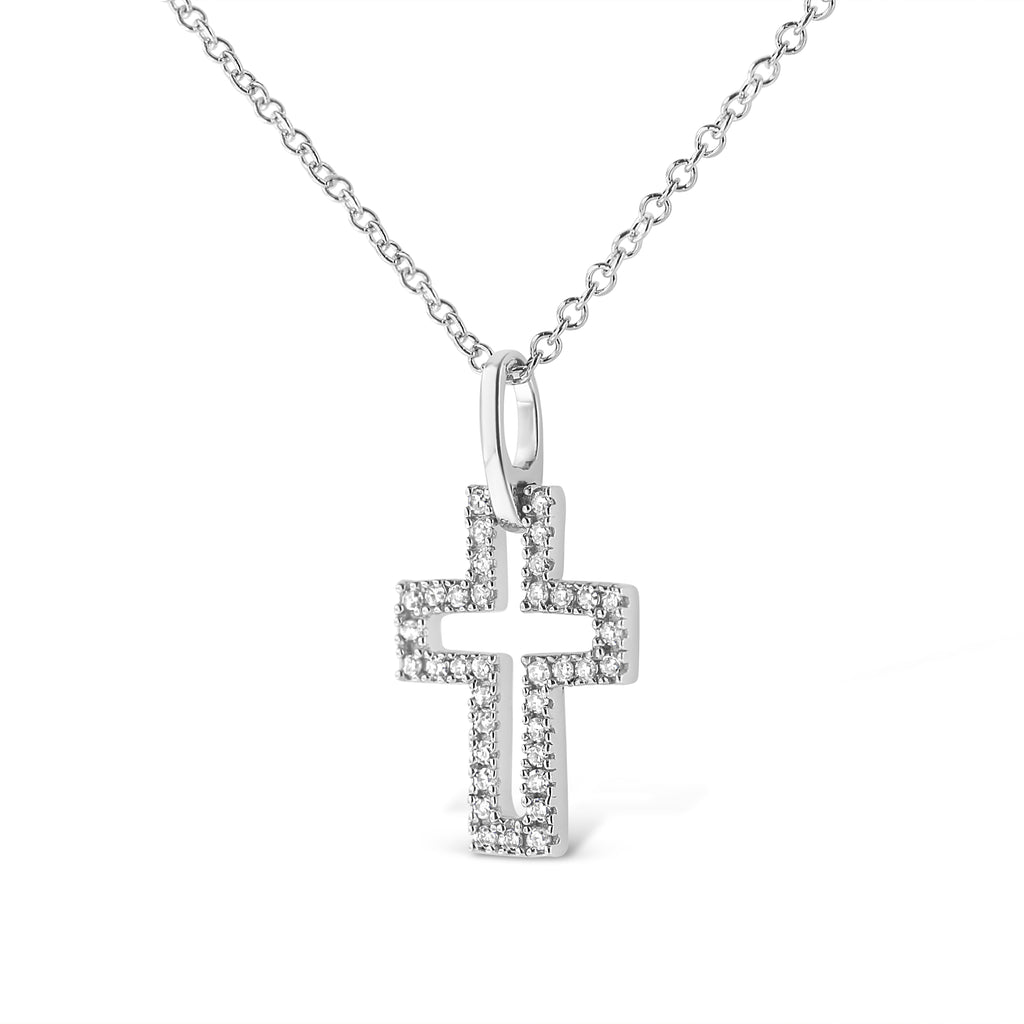 .925 Sterling Silver 1/10 cttw Pave-Set Round-Cut Diamond Open Cross 18in Pendant Necklace (I-J Color, I1-2 Clarity)