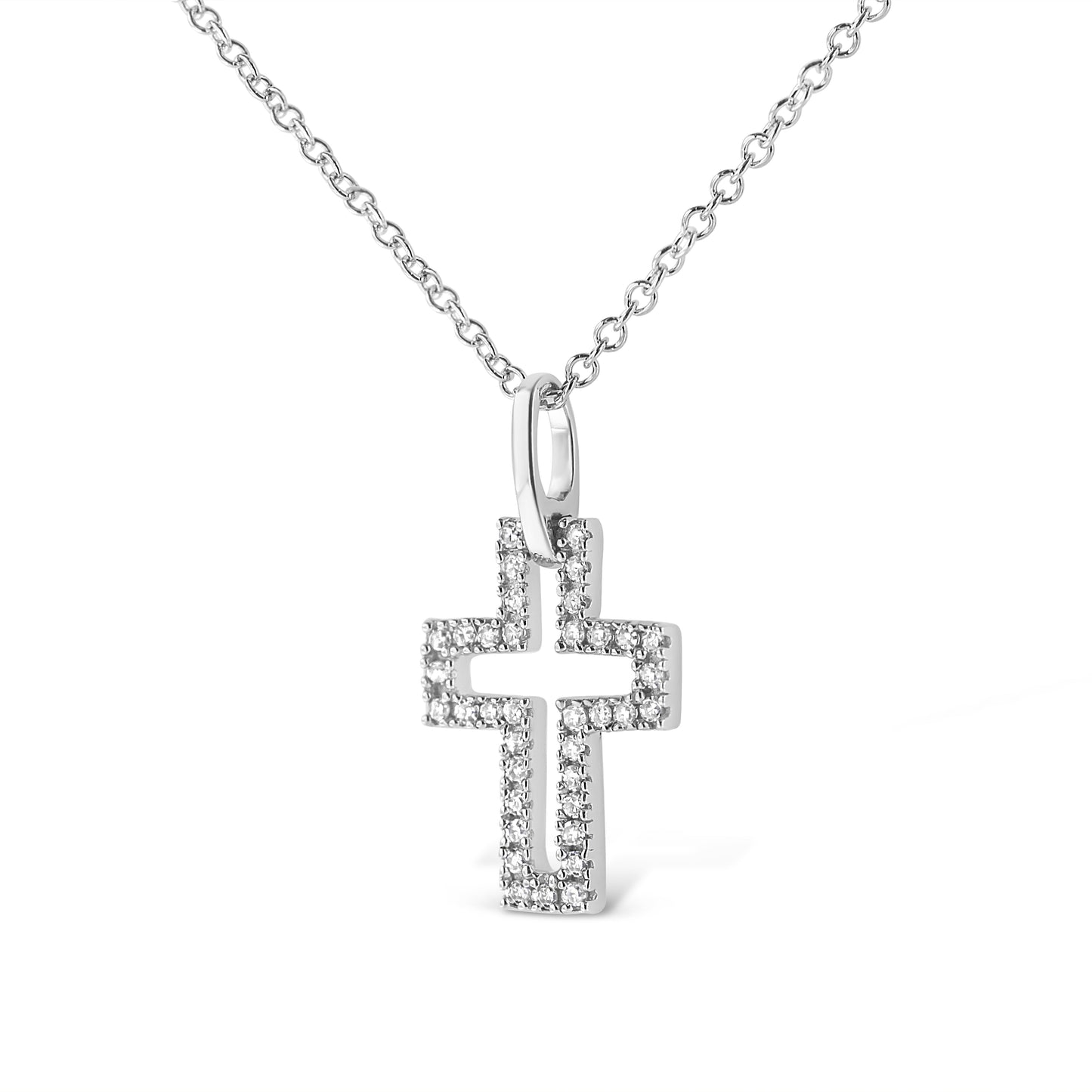 .925 Sterling Silver 1/10 cttw Pave-Set Round-Cut Diamond Open Cross 18in Pendant Necklace (I-J Color, I1-2 Clarity)