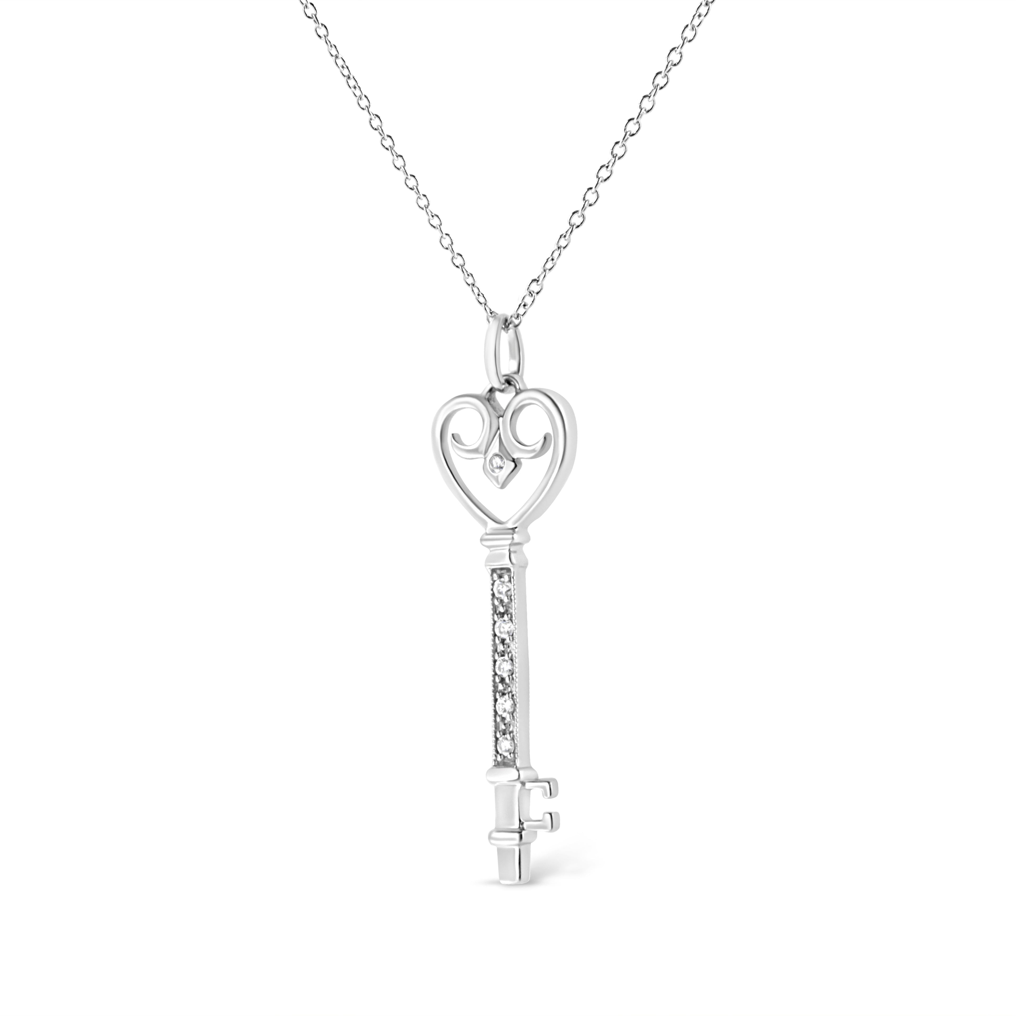 .925 Sterling Silver Pave and Bezel-Set Diamond Accent Key 18in Heart and Lock Pendant Necklace (K-L Color, I1-I2 Clarity)