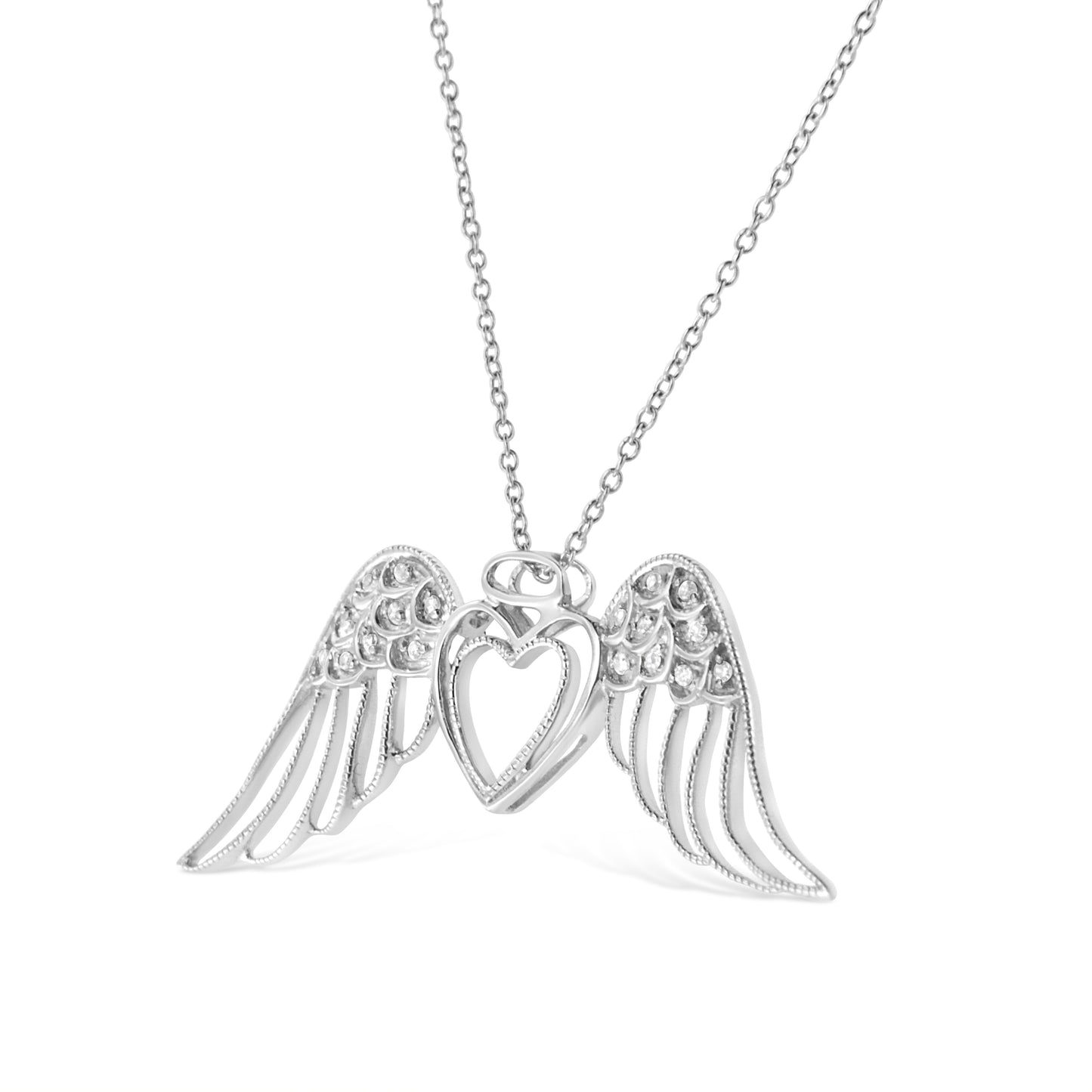.925 Sterling Silver Pave-Set Diamond Accent Angel Wing 18in Double Heart Pendant Necklace (I-J Color, I1-I2 Clarity)