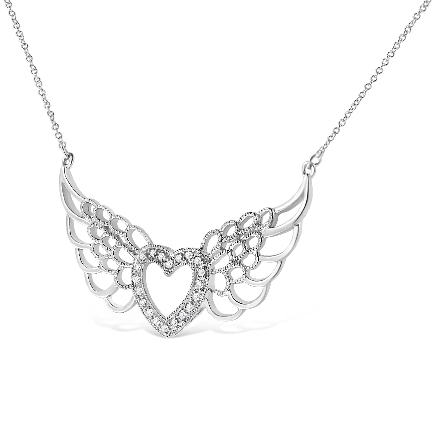 .925 Sterling Silver Pave-Set Diamond Accent Fairy Wing 18in Heart Pendant Necklace (I-J Color, I1-I2 Clarity)