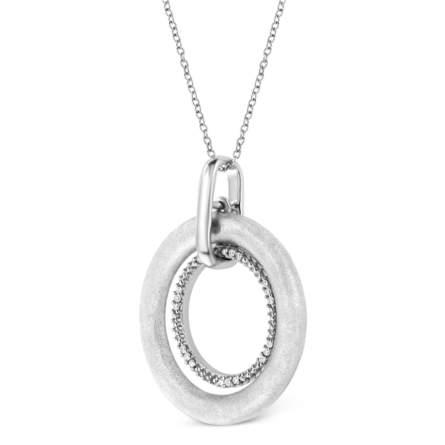 .925 Sterling Silver Prong-Set Diamond Accent Satin Finished Double Circle 18in Pendant Necklace (I-J Color, I1-I2 Clarity)