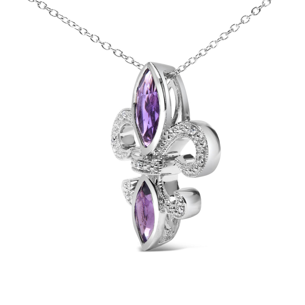 Silver necklace with a pendant featuring purple gemstones on a white background