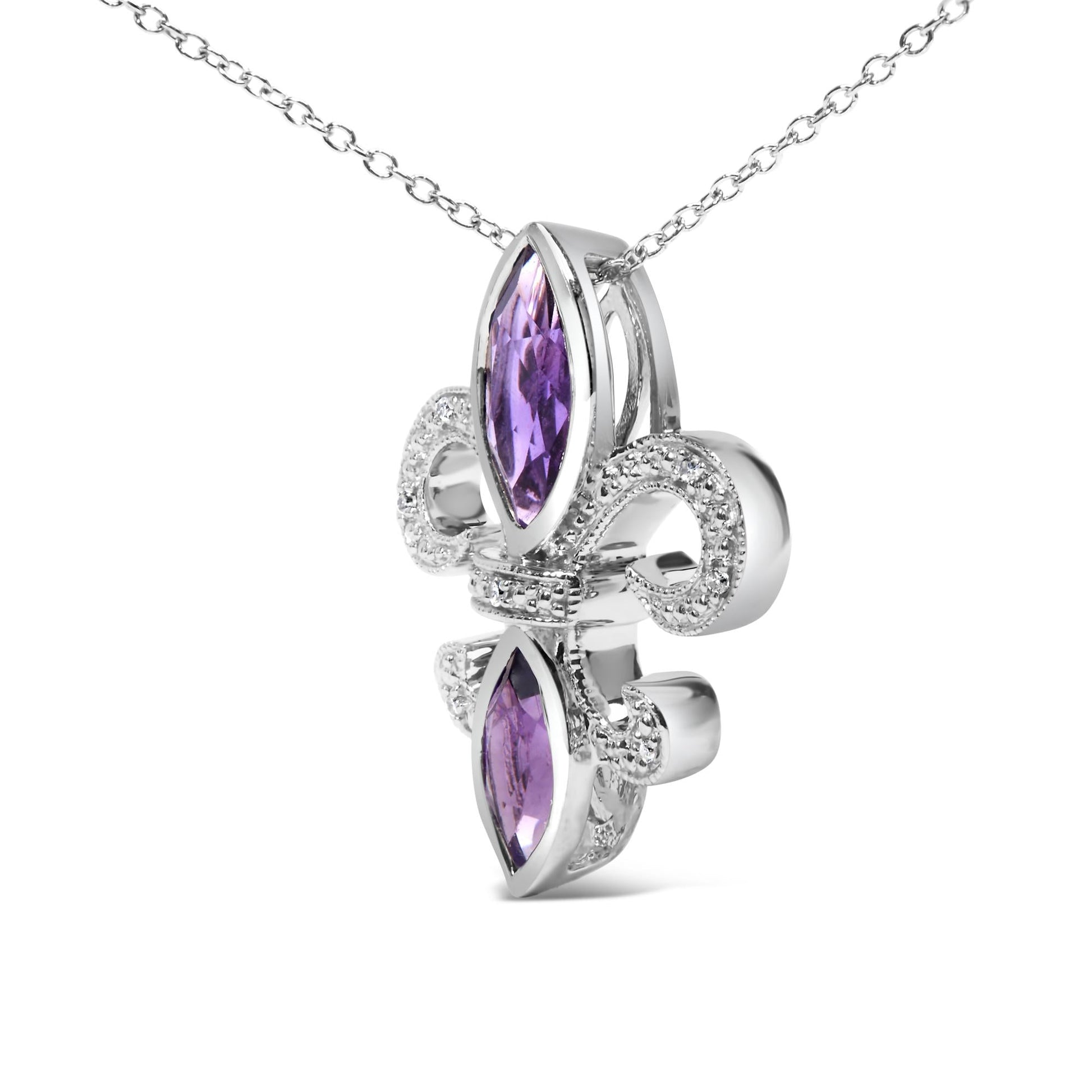 Silver necklace with a pendant featuring purple gemstones on a white background