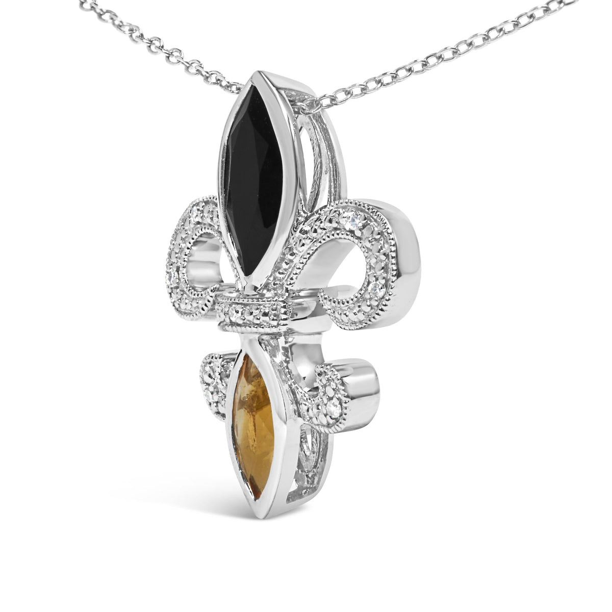 .925 Sterling Silver Marquise Onyx and Citrine and Diamond Accent Fleur De Lis Pendant Necklace (H-I Color, SI1-SI2 Clarity) - 18in