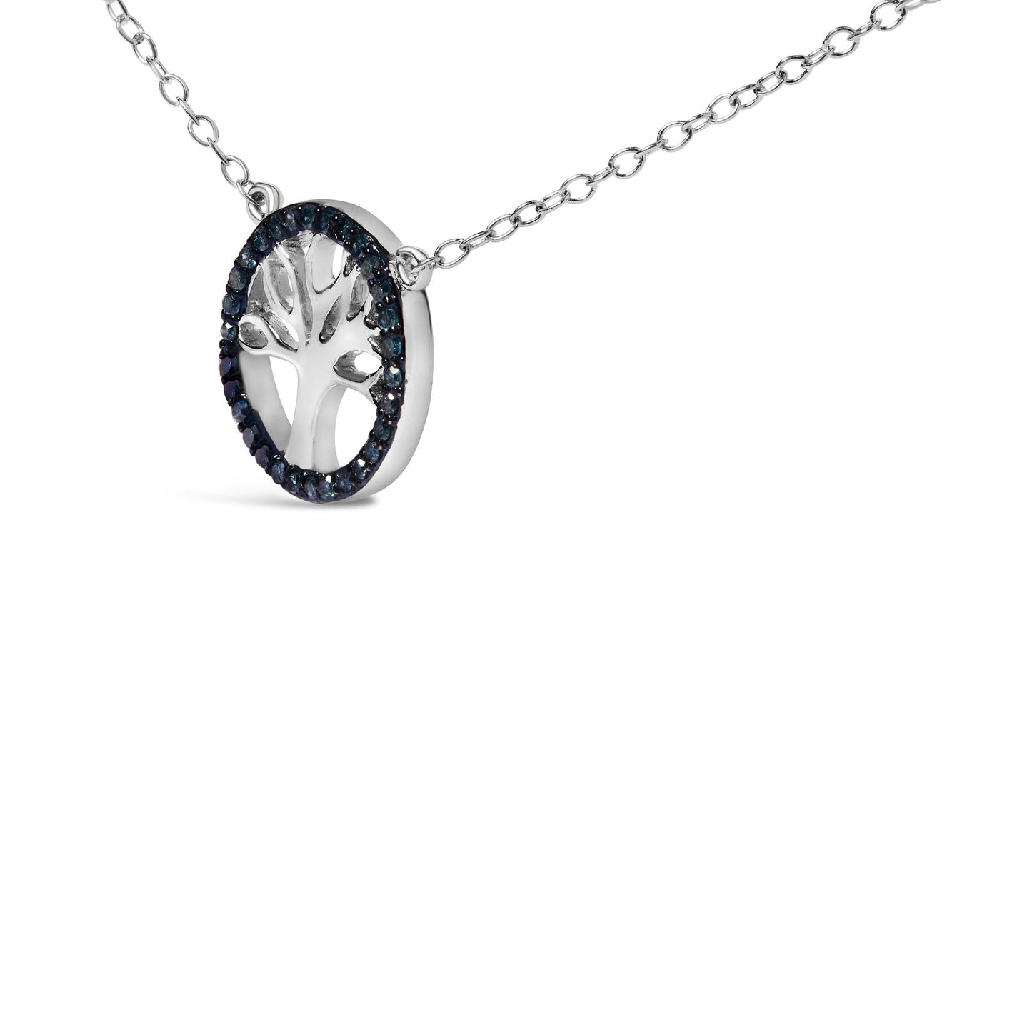 .925 Sterling Silver 1/6 Cttw Blue Diamond Tree of Life and Circle 18in Pendant Necklace (Blue Color, SI1-SI2 Clarity)