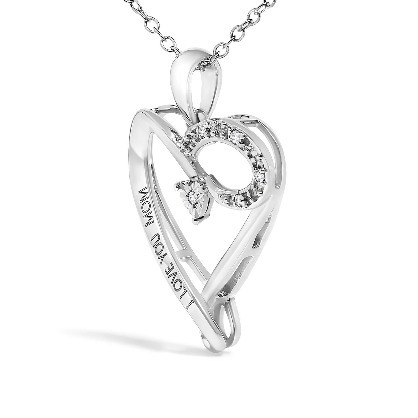 Silver pendant with 'I love you mom' engraving on a white background