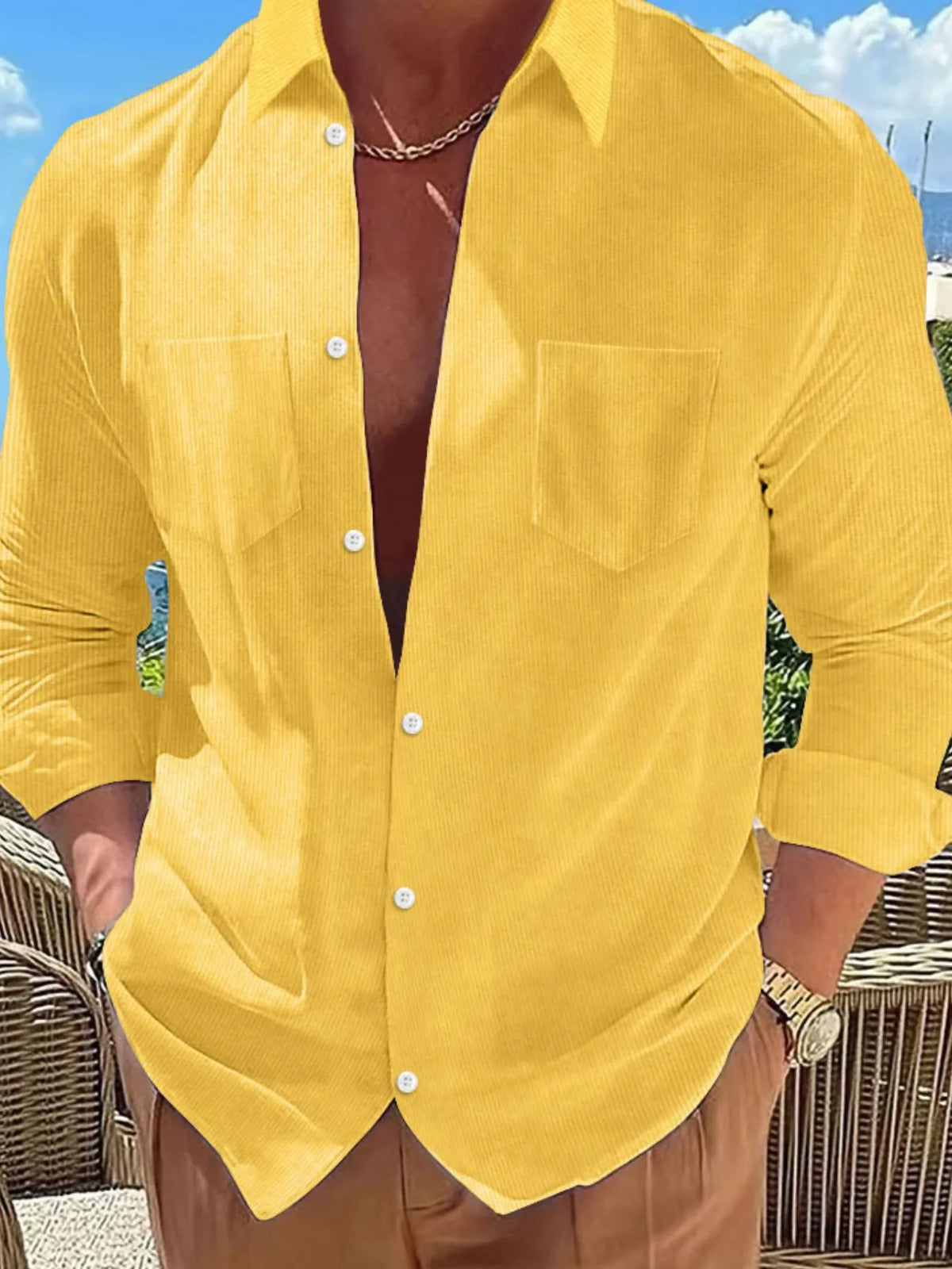 Male model wearing a yellow ribbed Button Down Long Sleeve Casual Shirt 