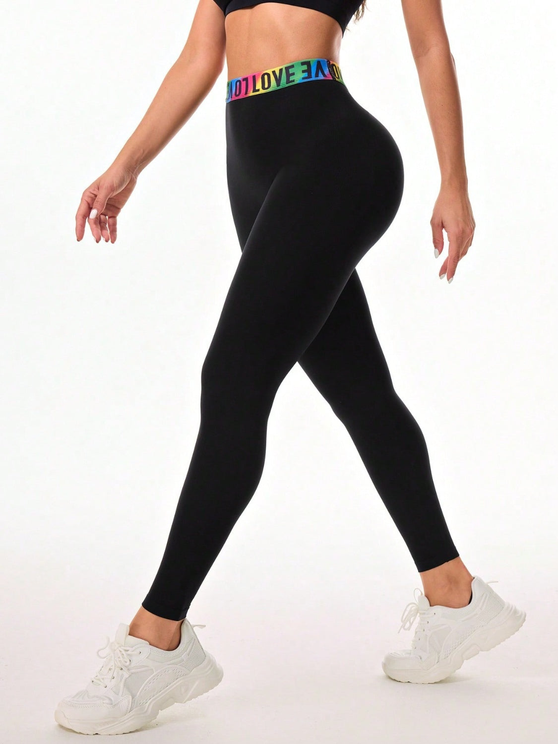 Left side view-Chic High "Love" Printed Waist Ban Black Leggings