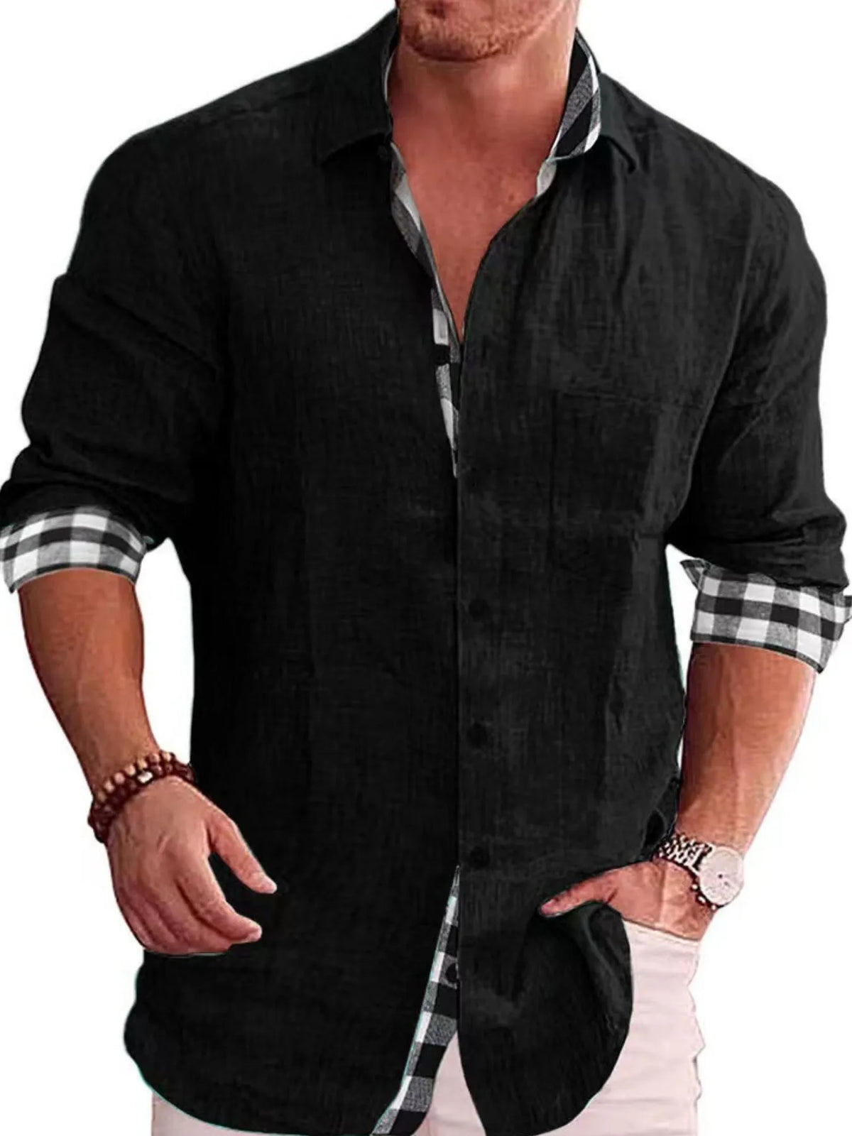 Male model wearing a black Casual Linen Plaid-Trim Button Down Shirt