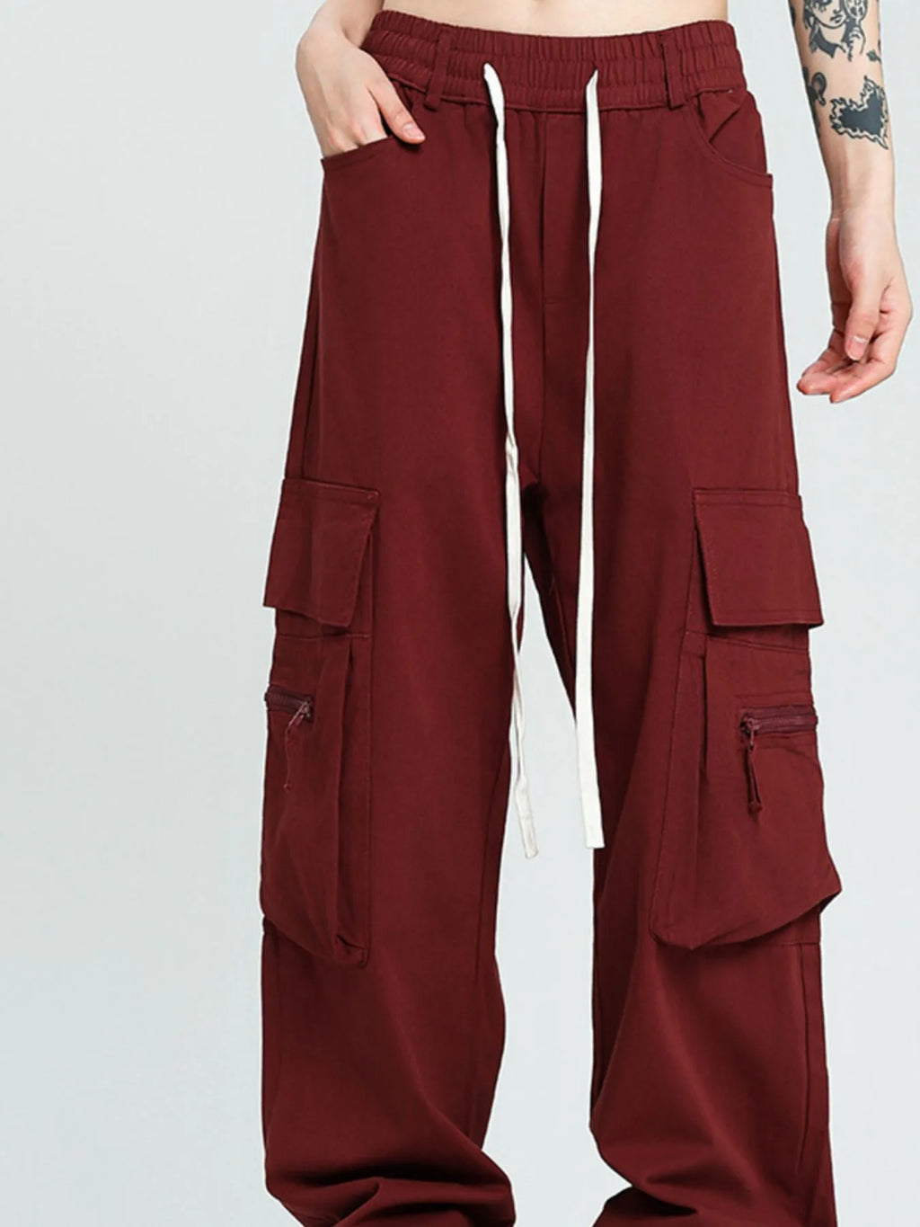 Men's maroon Wide Leg Drawstring Cargo Pants