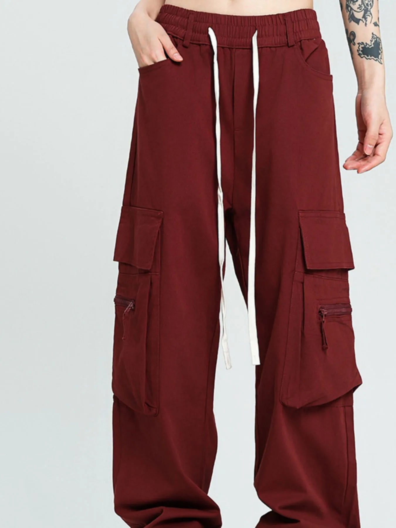 Men's maroon Wide Leg Drawstring Cargo Pants