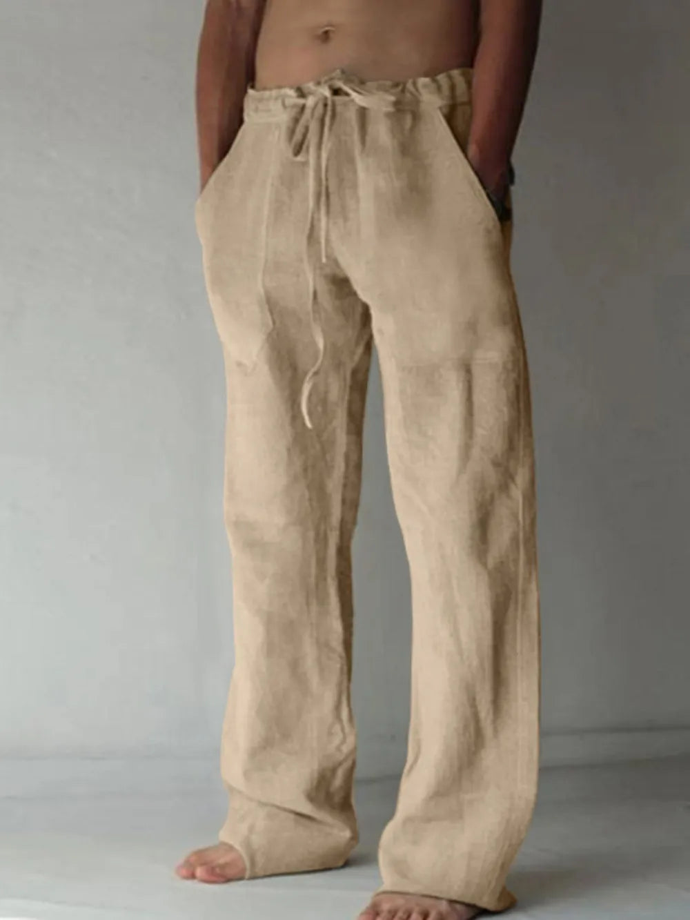 Beige linen Drawstring Loose Fit Pants  worn by a male model