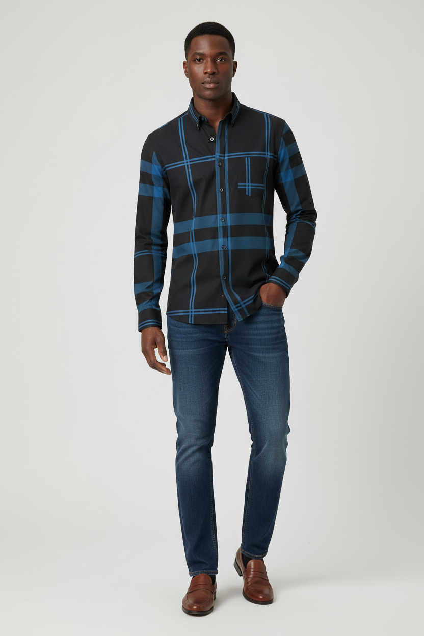 Male model wear a black & blue Sharp Geometric Long Sleeve Shirt for Men