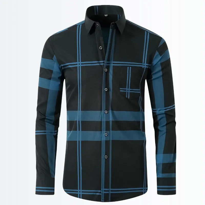 Men's French Blue Plaid Geometric Long Sleeve Shirt