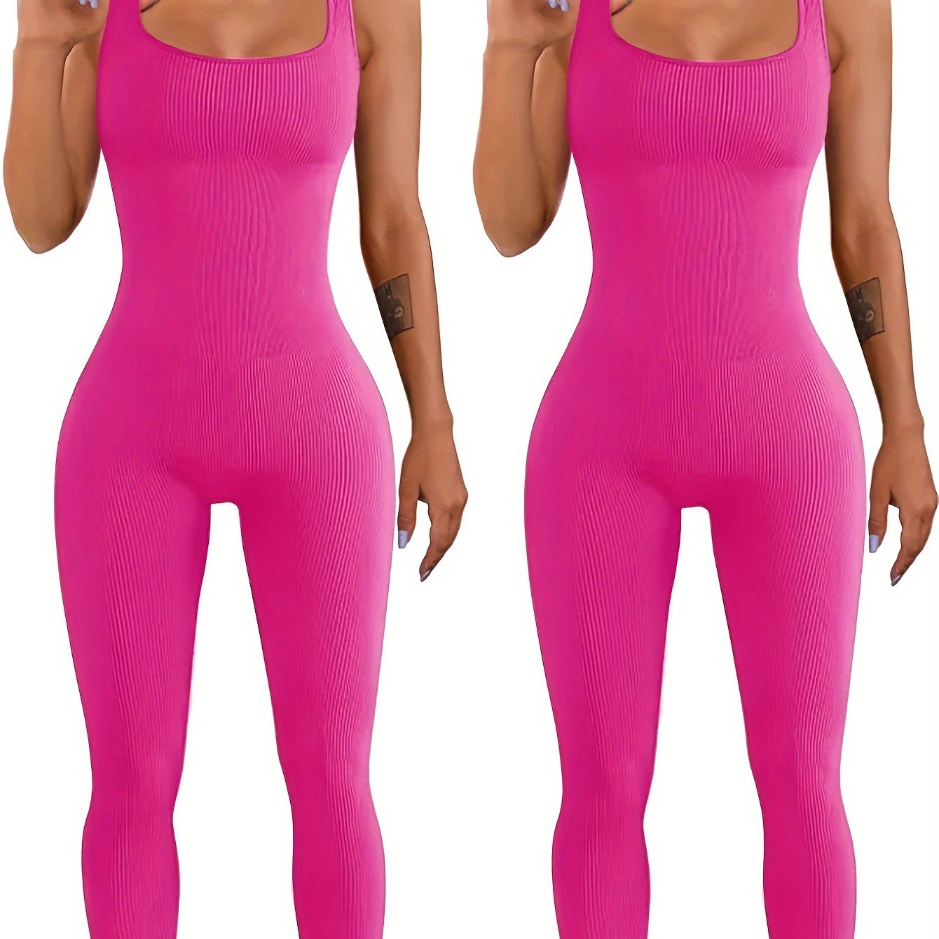 Two views of a person wearing a pink ribbed jumpsuit on a white background