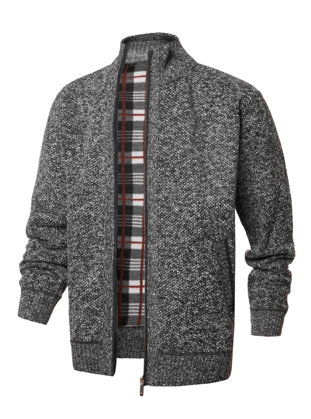 Men's light grey Plaid-Lined Knit Zip Jacket