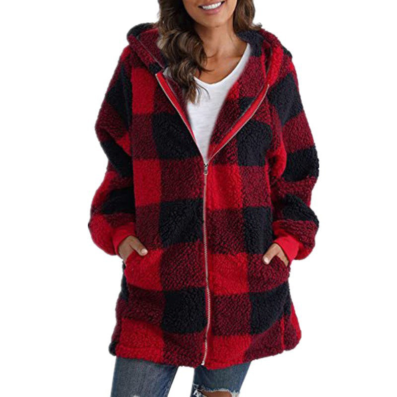 Tartan Tempest: Plaid Hooded Zip-Up Jacket for Urban Winter Wanderings