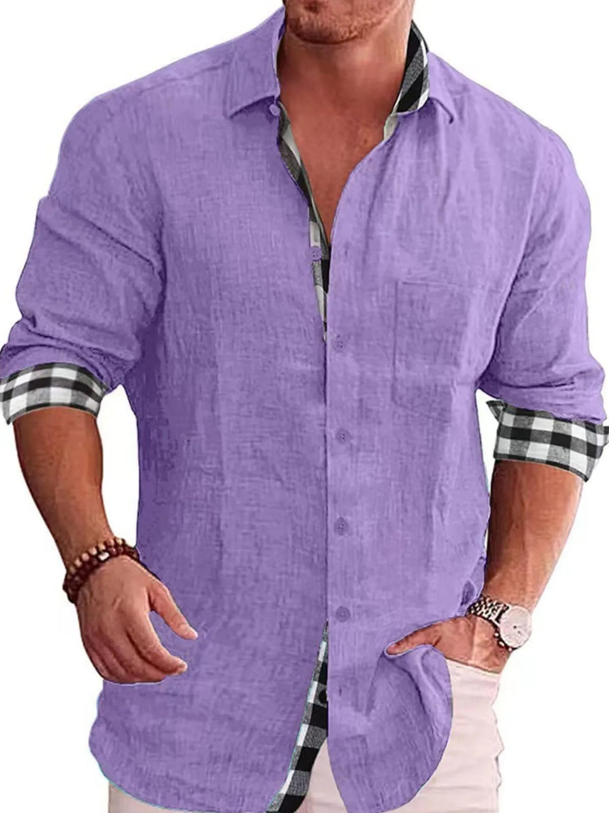 Male model wearing a lavender Casual Linen Plaid-Trim Button Down Shirt