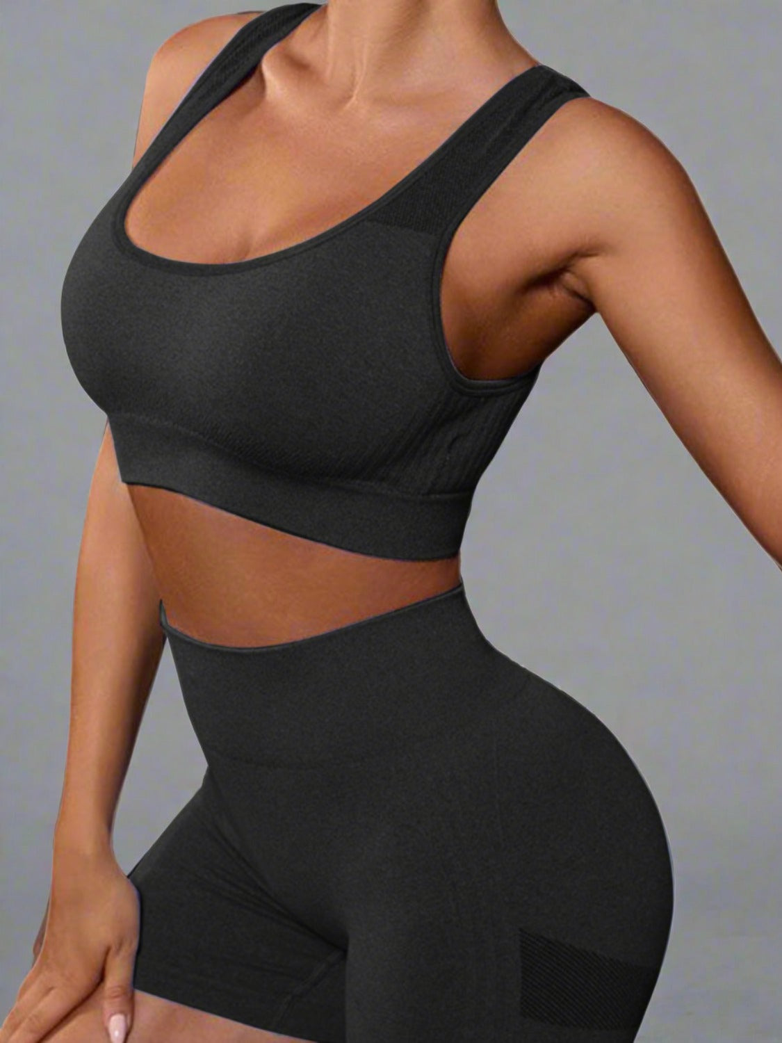 Women's Black Cutout Back Tank and Shorts Active Set-Front