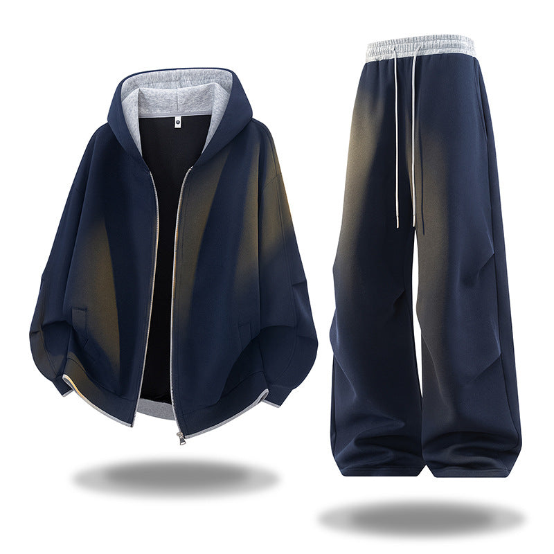  Men's navy blue (w/grey interior trim)Distressed Hooded Tracksuit