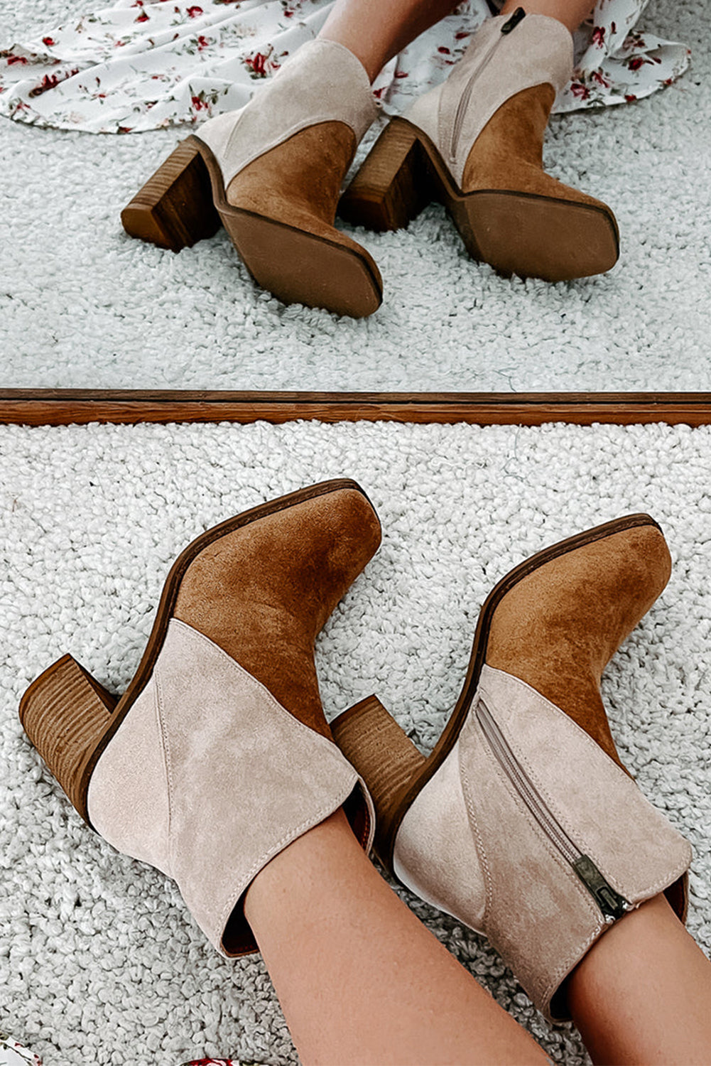 Pair of brown and beige suede ankle boots  side view with zipper 