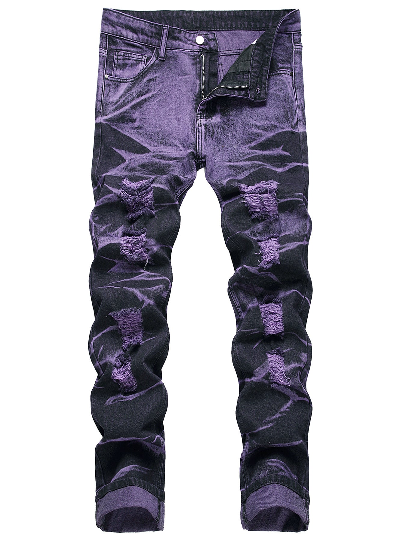 Get street cred with these Purple and Black Urban Men's Denim Trousers. These bold and edgy jeans will make you stand out in the urban fashion scene. With their unique purple and black design and distressed detailing, these high quality jeans are the perfect addition to any streetwear outfit. 