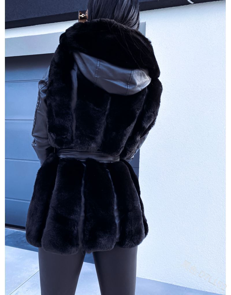 Opulent Fur-Trimmed Elegance: Belted Hooded Zipper Jacket in Luxe Shad
