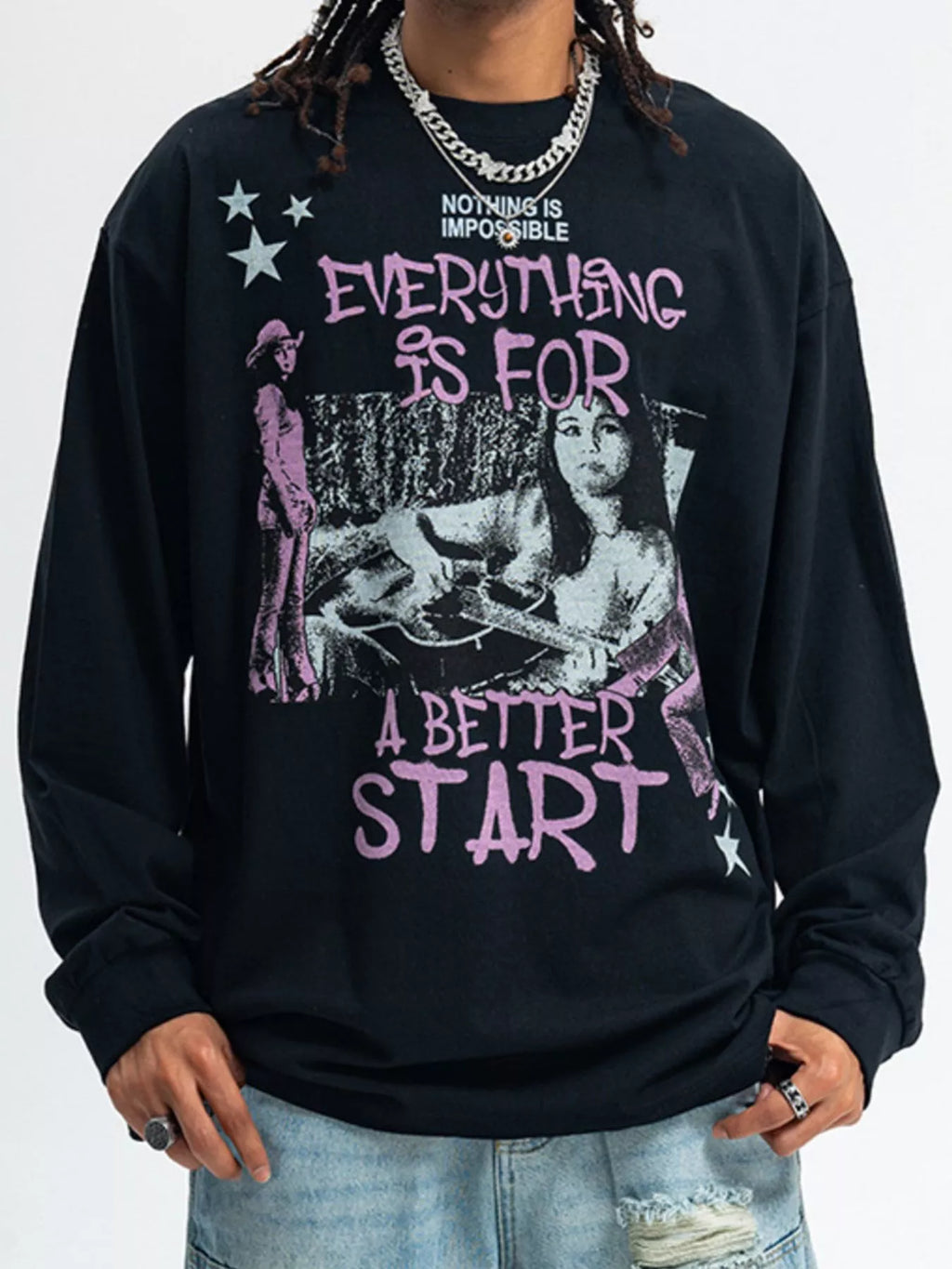 Male modelwearing a black Fierceguy Unisex "Better Start" Graphic Long Sleeve T-Shirt