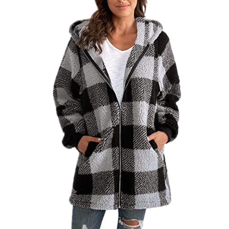 Tartan Tempest: Plaid Hooded Zip-Up Jacket for Urban Winter Wanderings