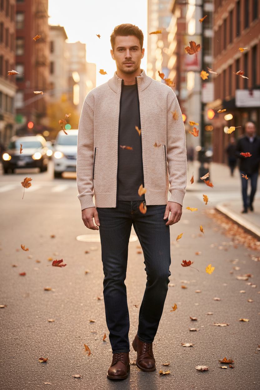 Male model wear a Men's beige Plaid-Lined Knit Zip Jacket