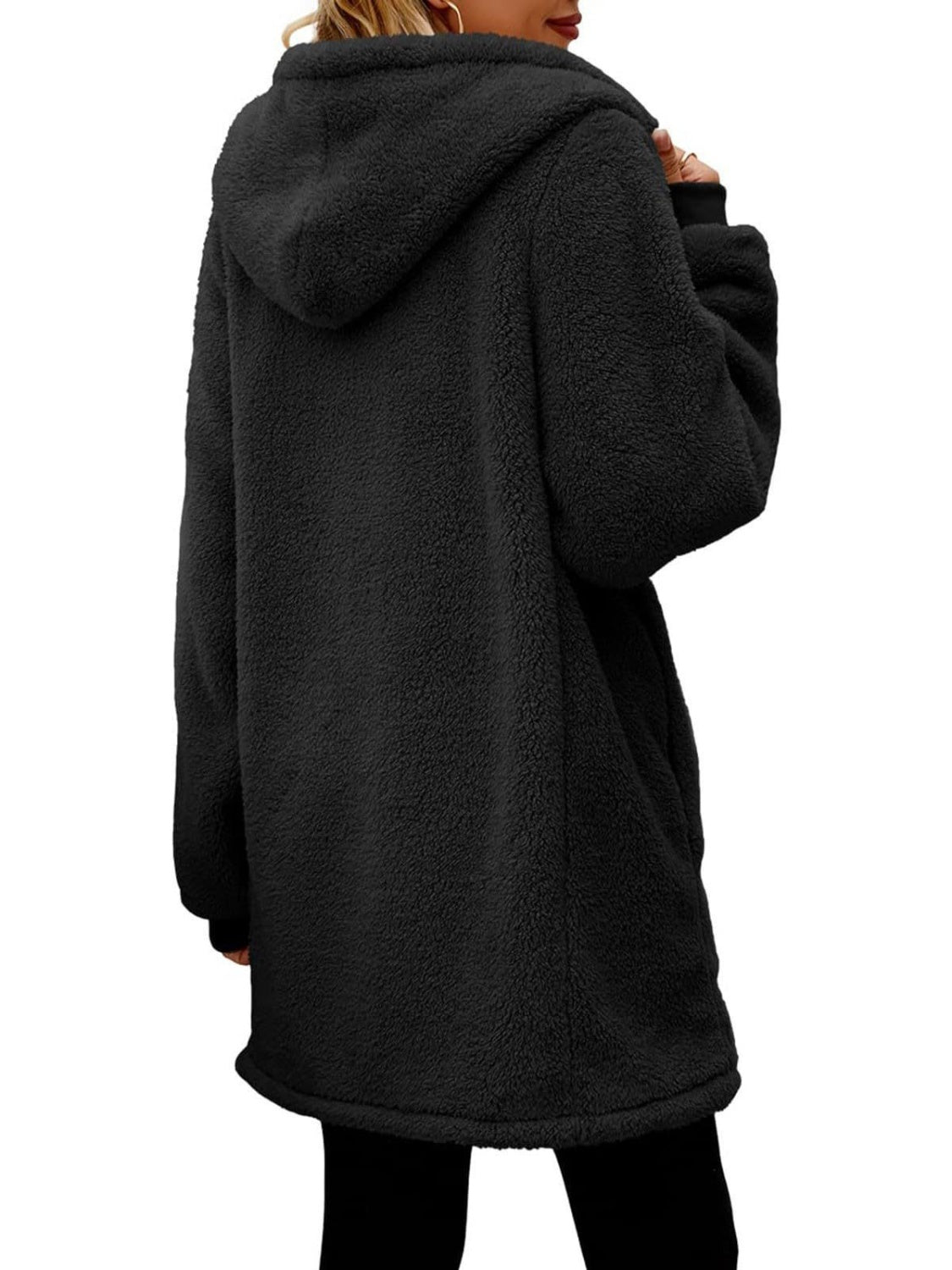 Back view of a model wearing a Black Cozy Women's Fuzzy Pocketed Hooded Jacket