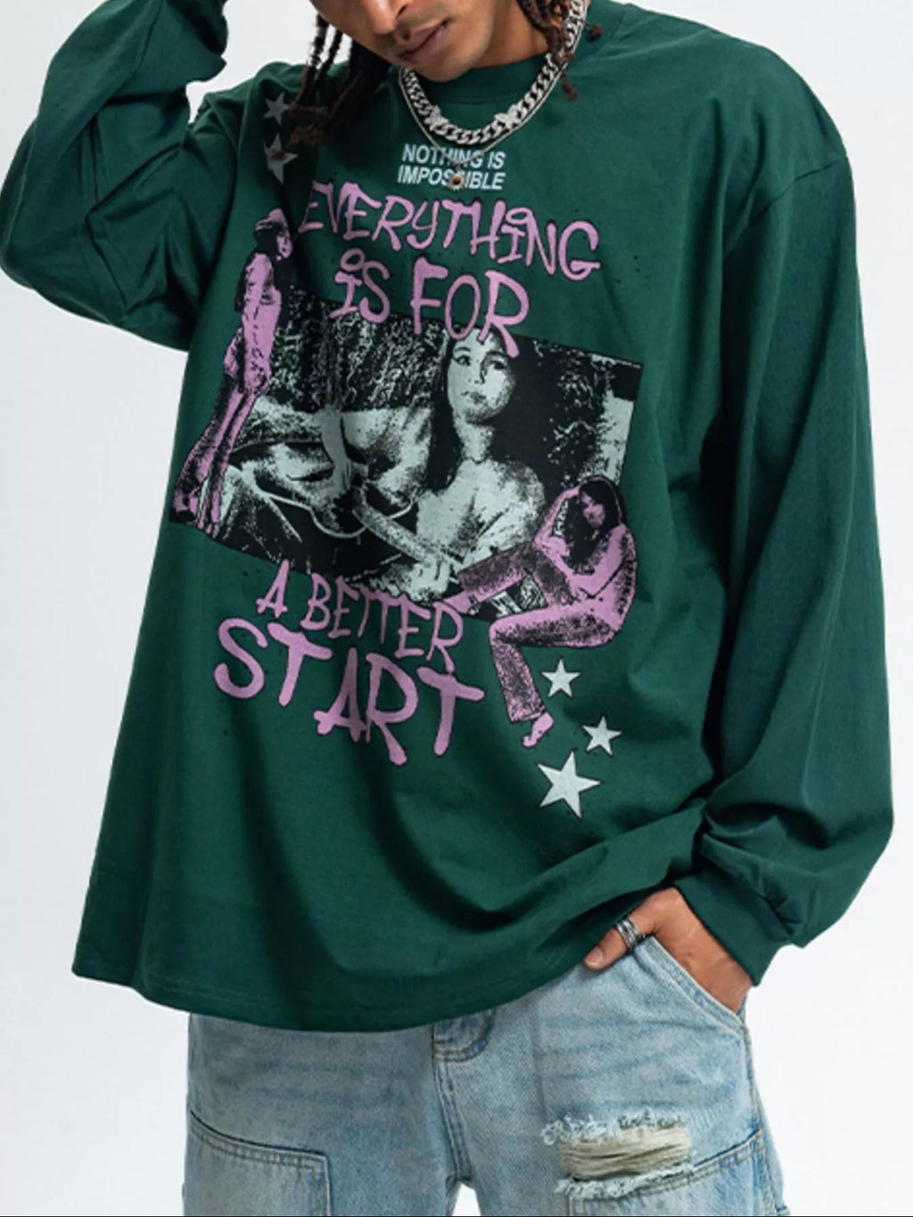 Male model wearing a green Fierceguy Unisex "Better Start" Graphic Long Sleeve T-Shirt