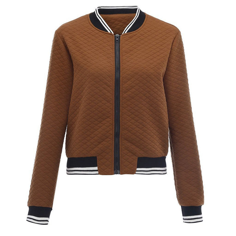 Brown quilted jacket with black and white accents on a white background