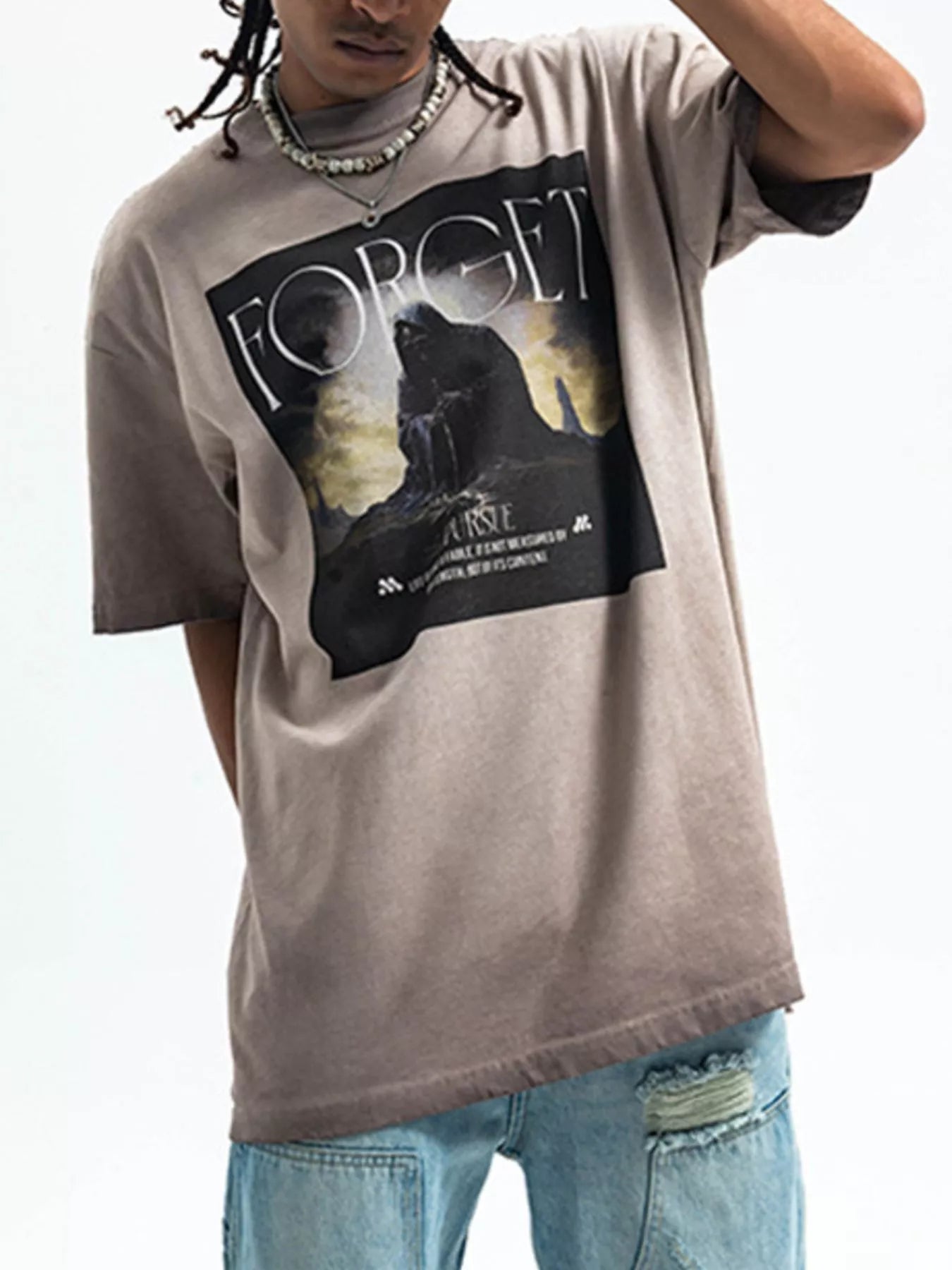 Fierceguy Vintage Wash "Forget" Graphic Oversized khaki T-Shirt