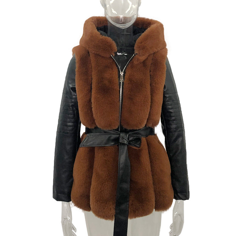 Opulent Fur-Trimmed Elegance: Belted Hooded Zipper Jacket in Luxe Shad