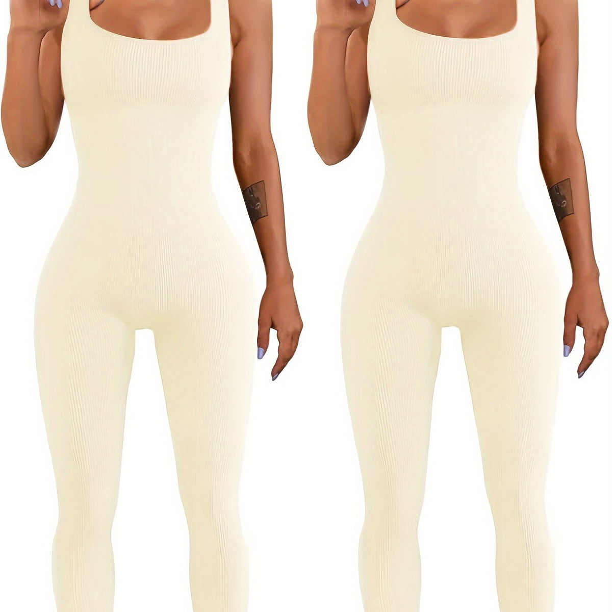 Two identical images of a person wearing a beige ribbed jumpsuit on a white background.