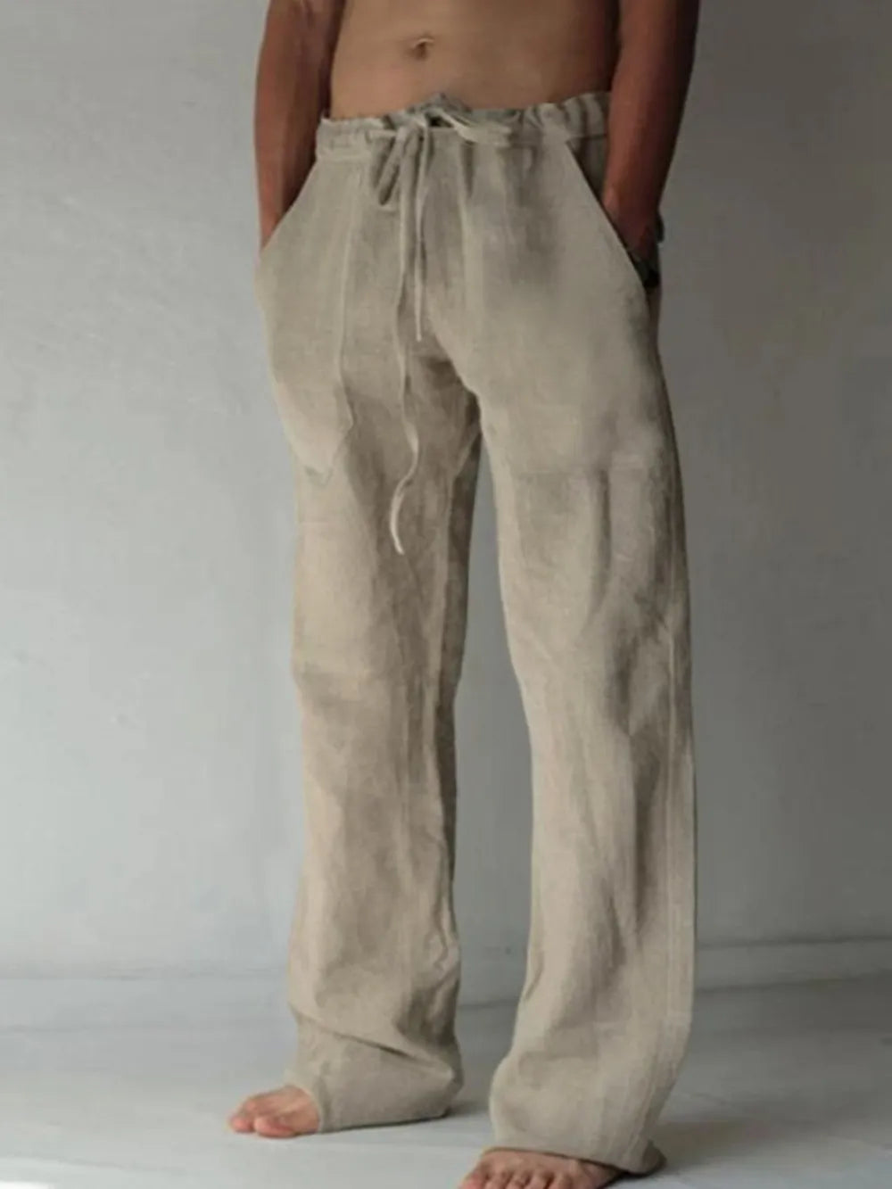 Khaki linen Drawstring Loose Fit Pants  worn by a male model