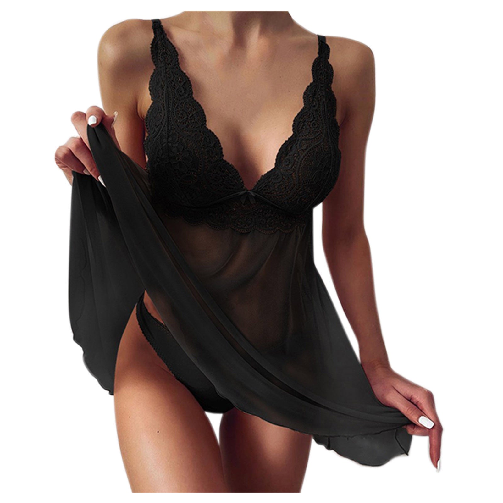 Black lace lingerie set on a white background