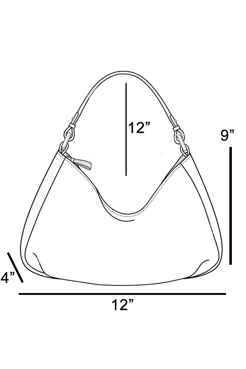 Line drawing of a handbag with measurements on a white background