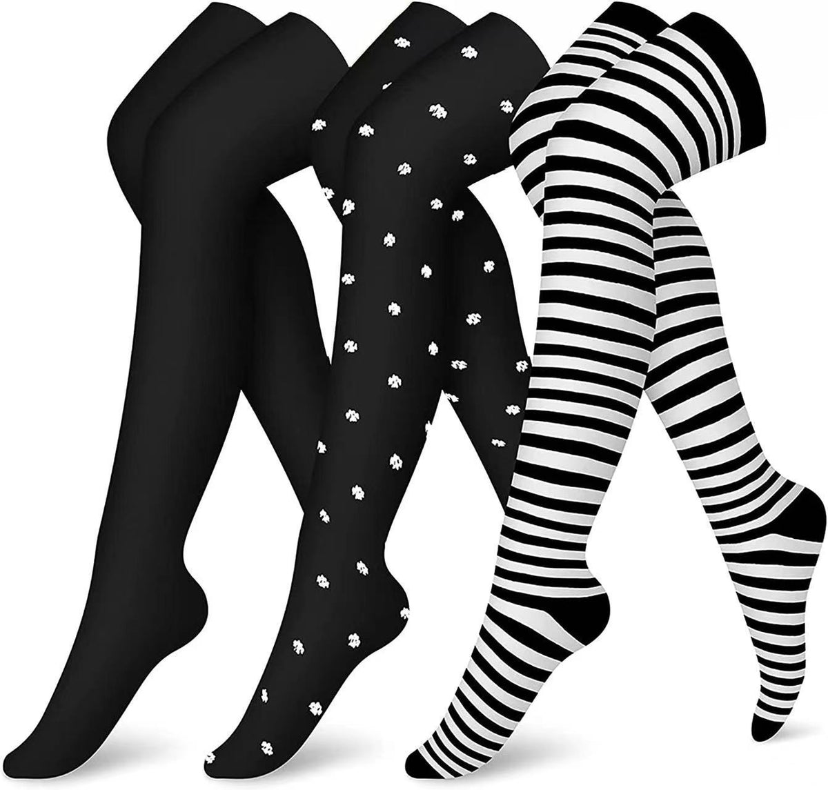Four pairs of tights in black, black with white polka dots, and black and white striped patterns on a white background.